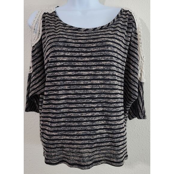 Teenbell Brown Black Striped Cold Shoulder Crochet Top Large Bat Wing Sleeves - Picture 1 of 5